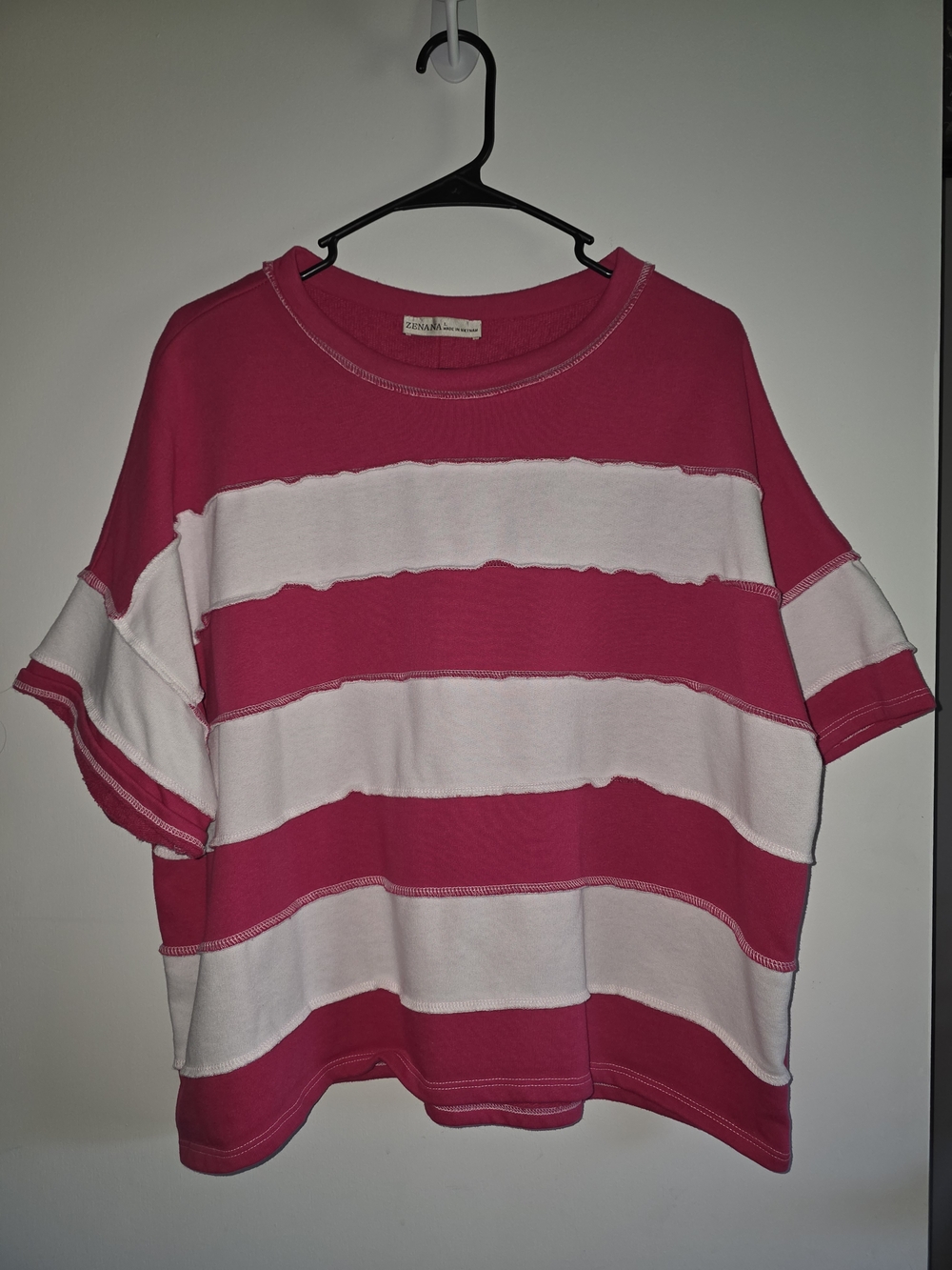 Zenana Outfitters Pink and White Striped Short-Sleeve Terry Shirt